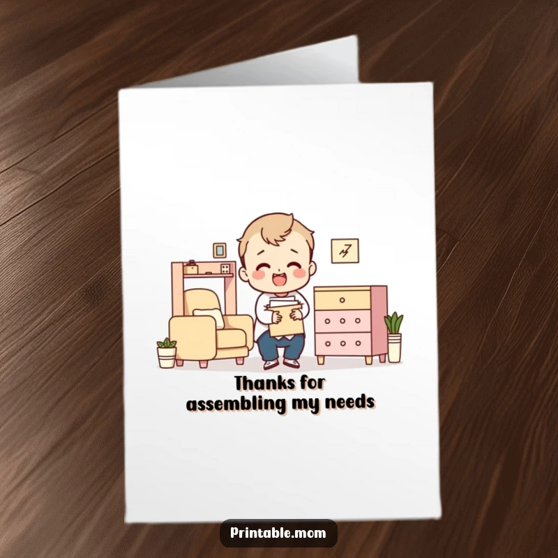 Funny Free Printable Thank You Card: Character exhausted but proud after completing a flat-pack furniture project.