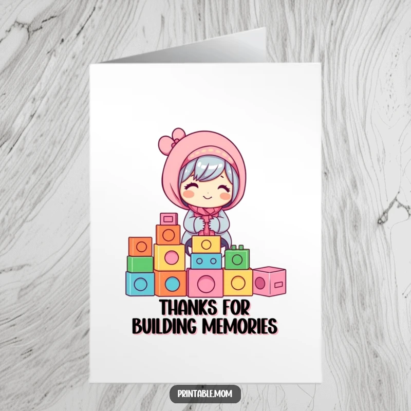 Free Printable Thank You Card: Mom with a smile happily stacking colorful building blocks, a token of appreciation.