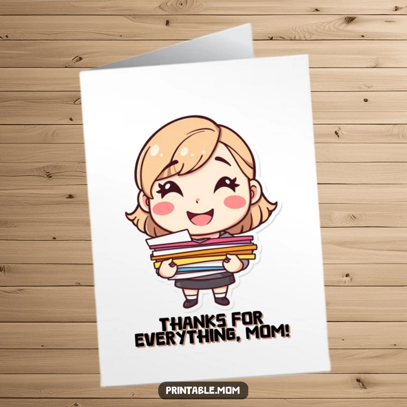 Free Printable Thank You Card: A smiling mom character holding a stack of colorful papers, showing thanks.