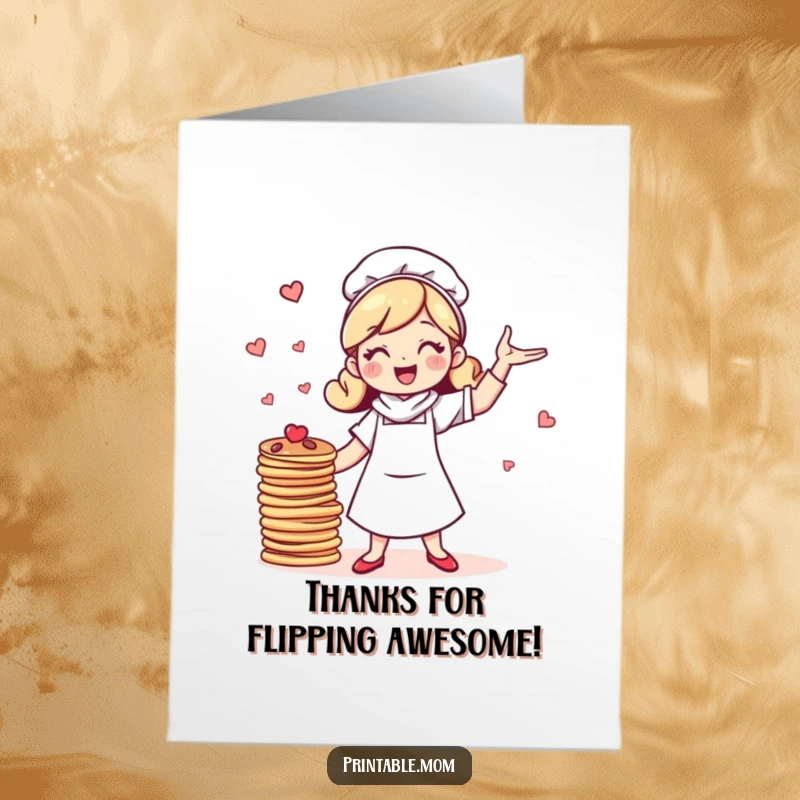 Funny Free Printable Thank You Card: Cheerful mom character juggling pancakes, symbolizing her appreciation.