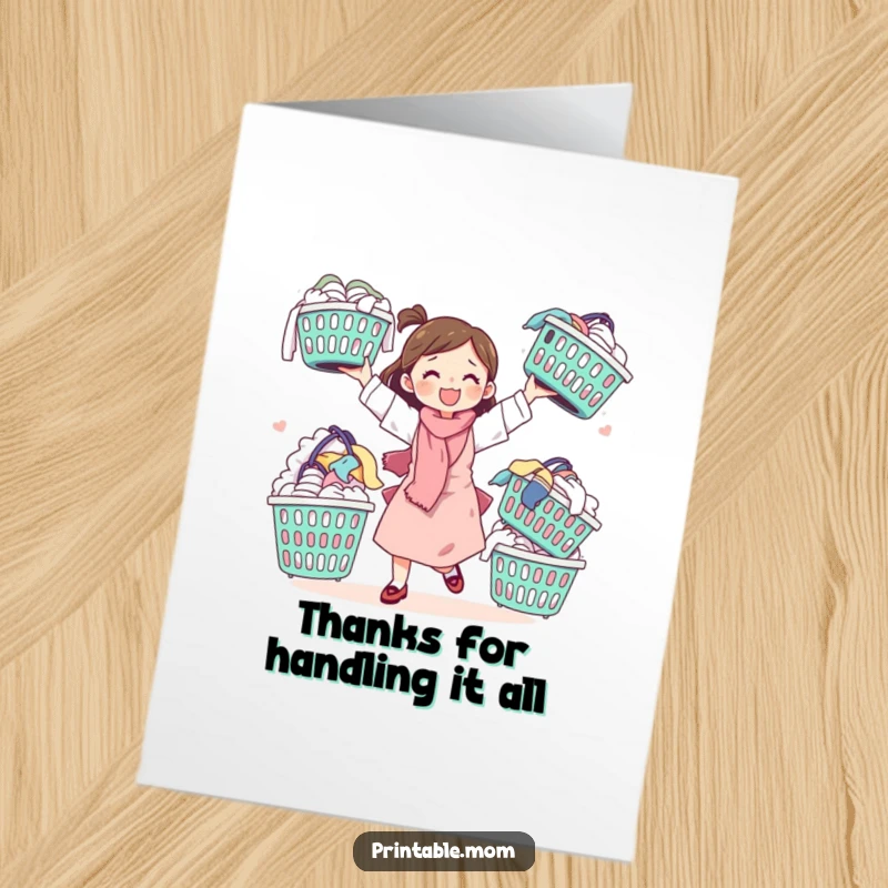 Funny Free Printable Mom Thank You Card: A mom juggles laundry baskets, a symbol of her hard work.