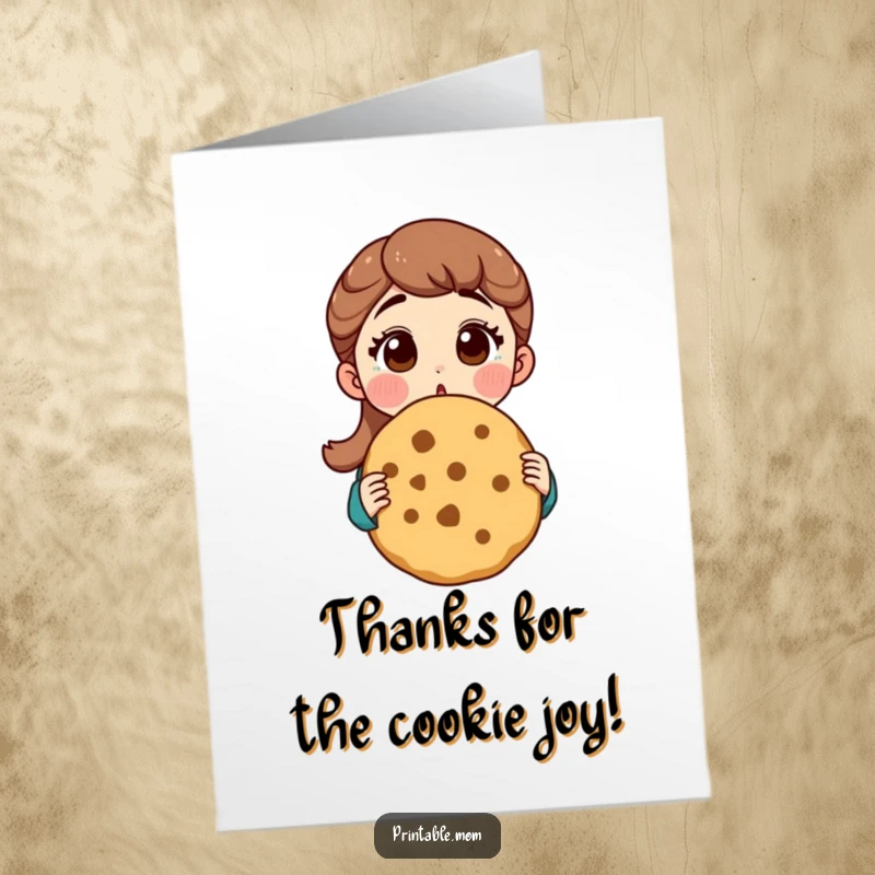 Funny Free Printable Thank You Card: Mom's surprised delight over a colossal cookie, expressing thanks.