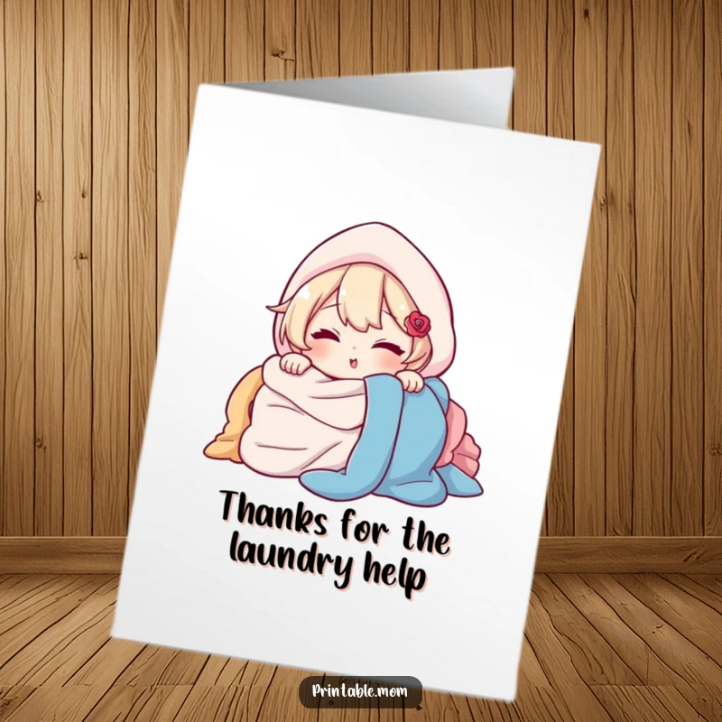 Funny Free Printable Thank You Card: Character peeking coyly from behind a pile of laundry, giving a knowing wink.