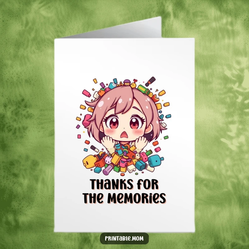 Funny Free Printable Thank You Card Mom: Mom's eyes are wide with surprise at a toy explosion, sending thanks for all the fun.