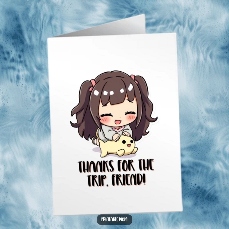 Funny Free Printable Thank You Card: A smiling mom humorously stumbling over a brightly colored toy.