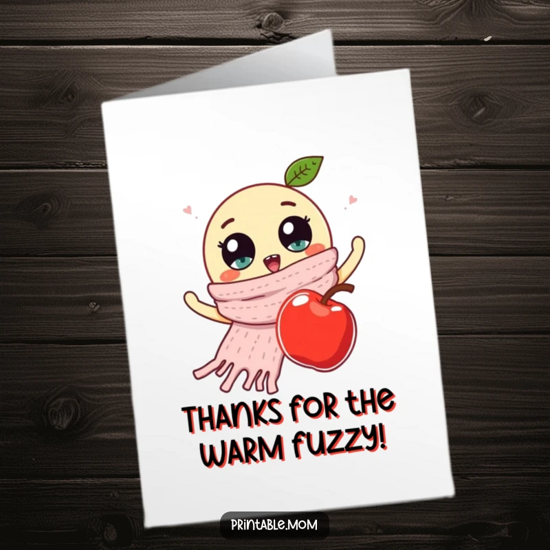 Funny Free Printable Thank You Card: Googly-eyed scarf wildly waves at a fruit.