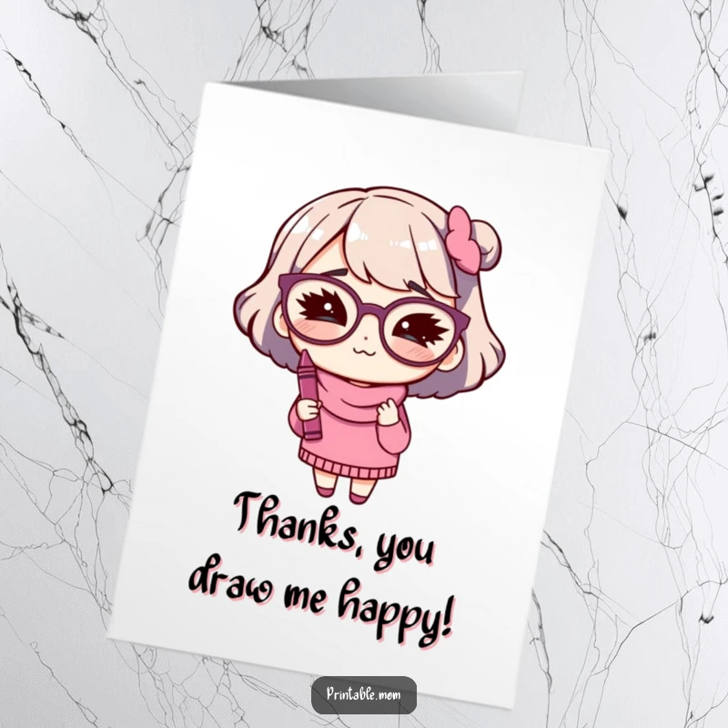 Funny Free Printable Thank You Card of a mom with big glasses winking while holding a crayon, offering colorful thanks.