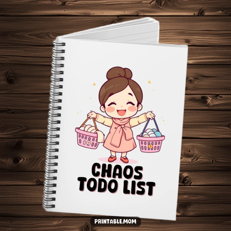Funny notebook with a happy mom illustration juggling laundry baskets, perfect for notes, lists, and reminders about household tasks.