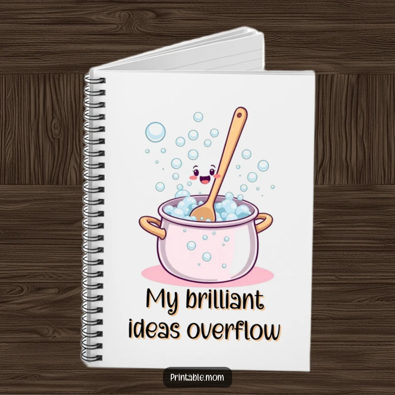 Funny Notebook with a bewildered spoon stirring a pot overflowing with bubbles, perfect for notes.