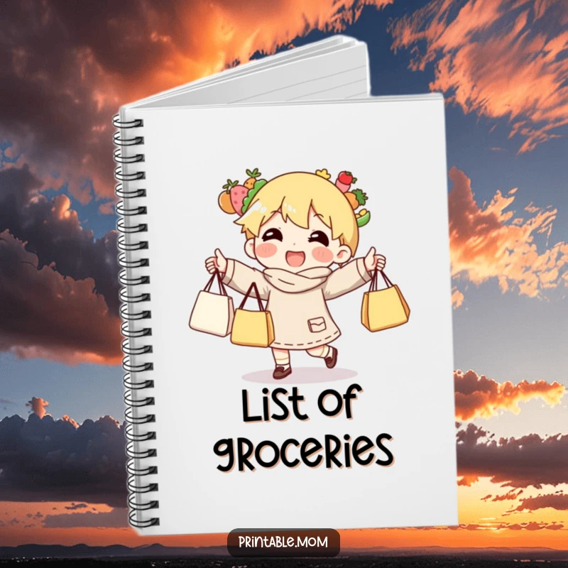 Funny notebook cover with a character comically juggling grocery bags filled with various items.