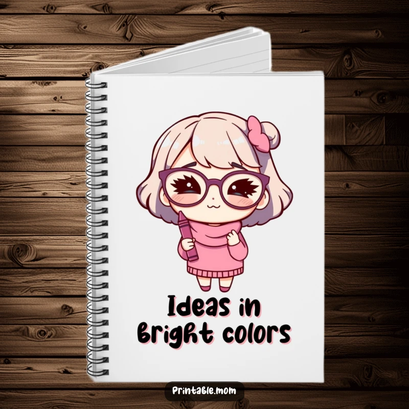 Funny notebook featuring a mom character with big glasses winking while holding a crayon, for artists.