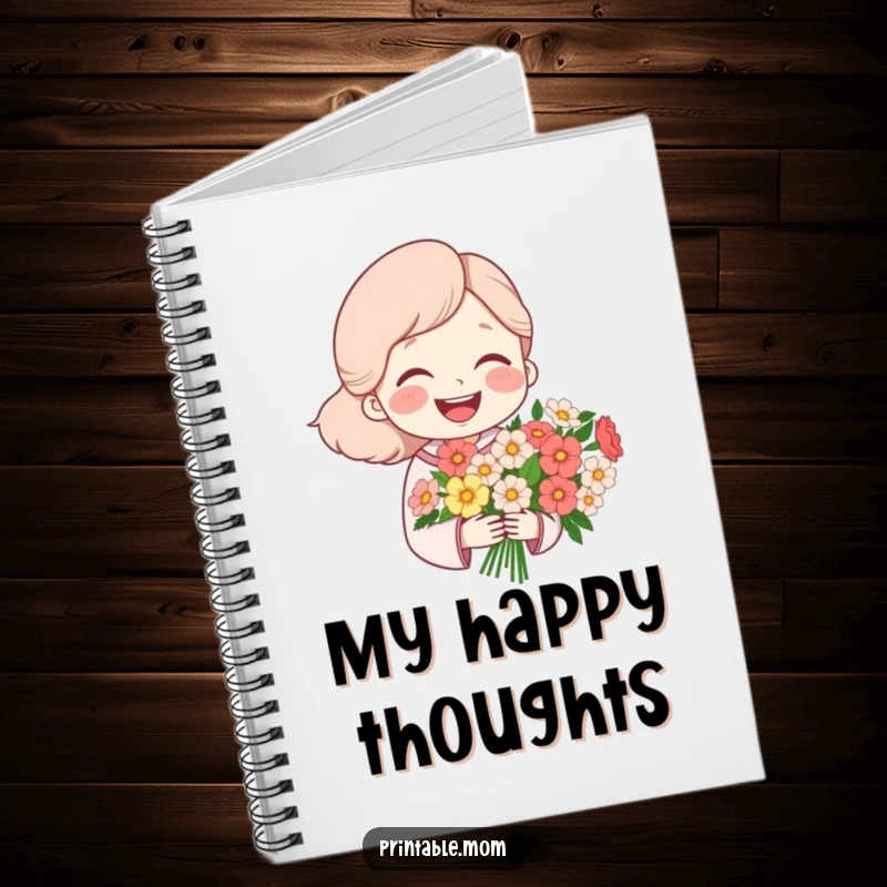 Funny notebook with a mom illustration laughing heartily while holding a bouquet of flowers, perfect for notes and journaling.