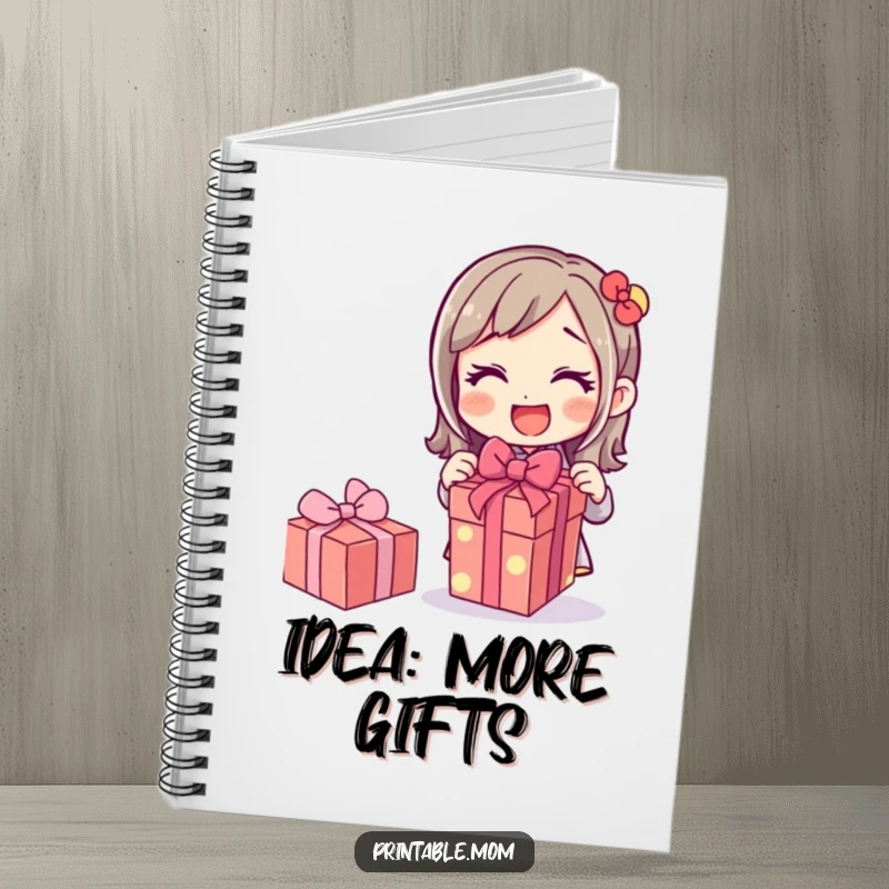 Funny notebook with a mom character excitedly unwrapping a gift, perfect for jotting down ideas or memories, a humorous stationery.