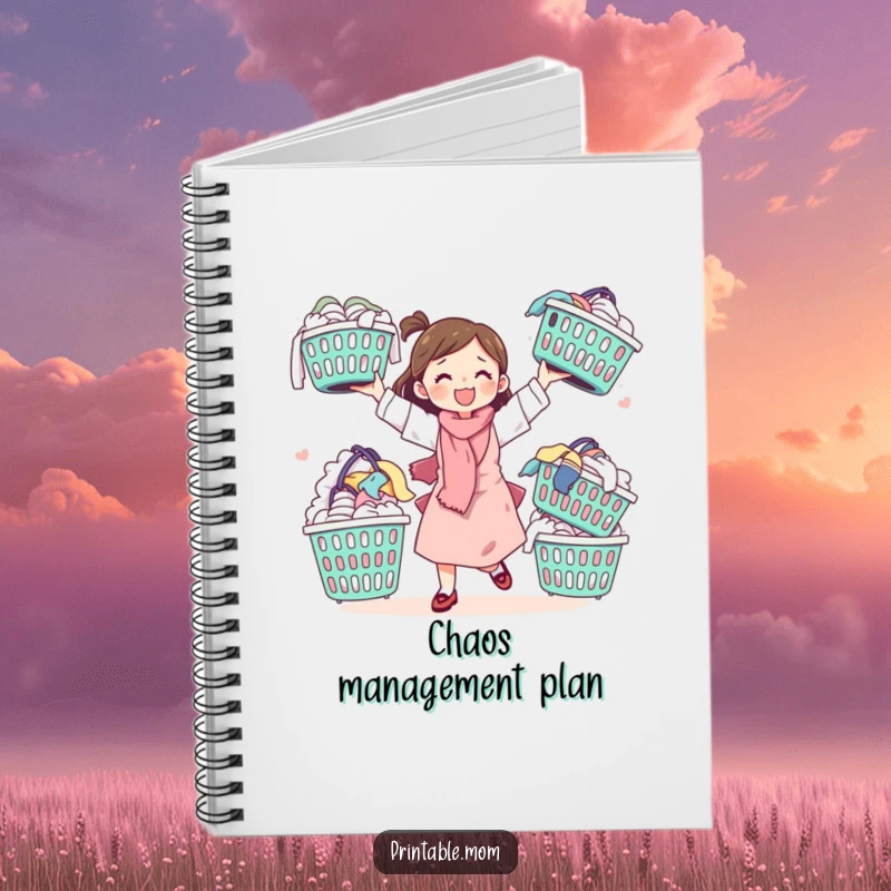 Funny notebook featuring a mom juggling laundry baskets, perfect for jotting down notes with a humorous mom theme.