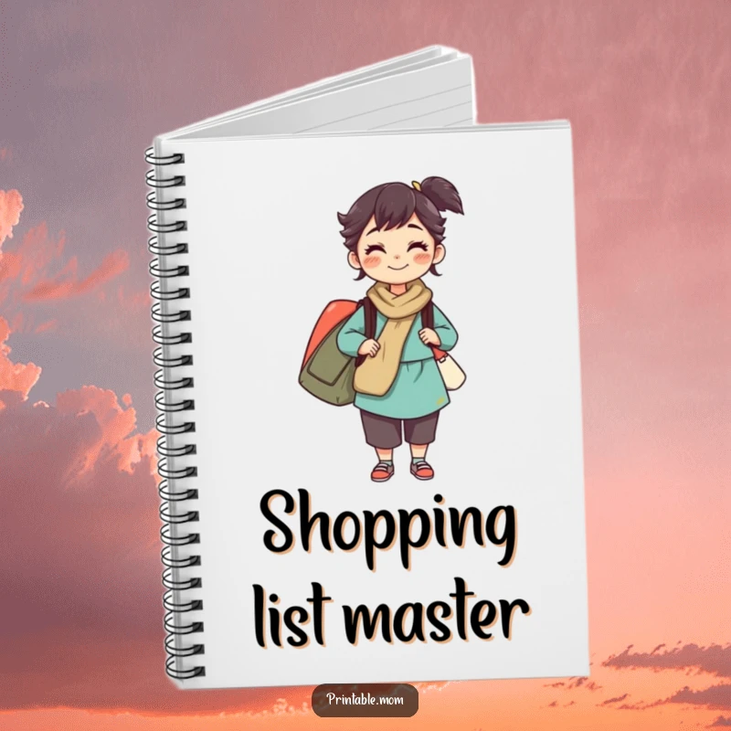 Funny notebook with a mom character balancing multiple bags, perfect for organizing tasks and ideas, a humorous stationery item.