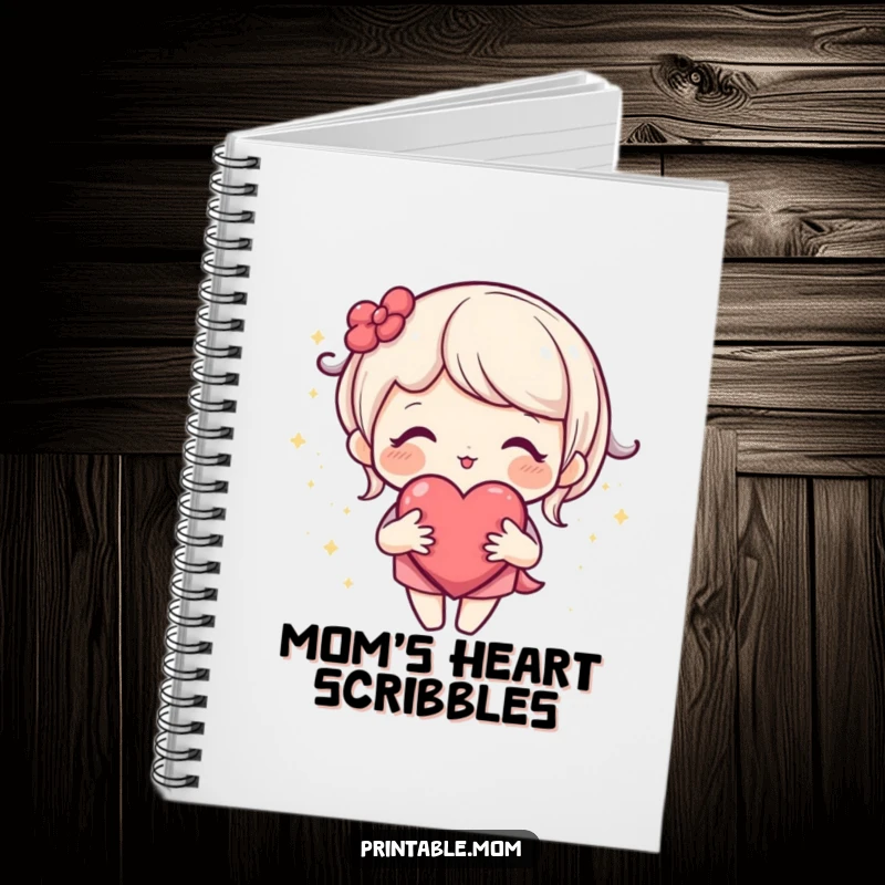 Funny notebook with a loving mom character holding an open heart surrounded by sparkles, ideal for journaling and notes.