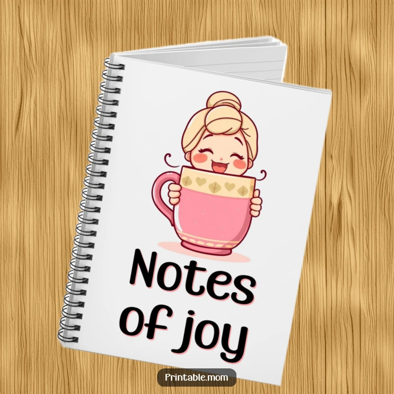 Funny notebook cover with a happy mom character smiling warmly while hugging a very large, colorful coffee mug.