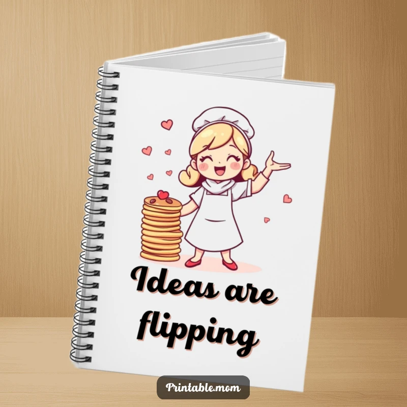 Funny notebook cover with a cheerful mom character energetically juggling pancakes, symbolizing organized chaos and humor for note-taking.