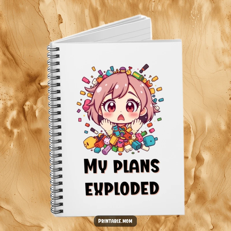 Funny notebook cover illustration of a mom character with wide, astonished eyes, reacting to a colorful explosion of scattered toys.