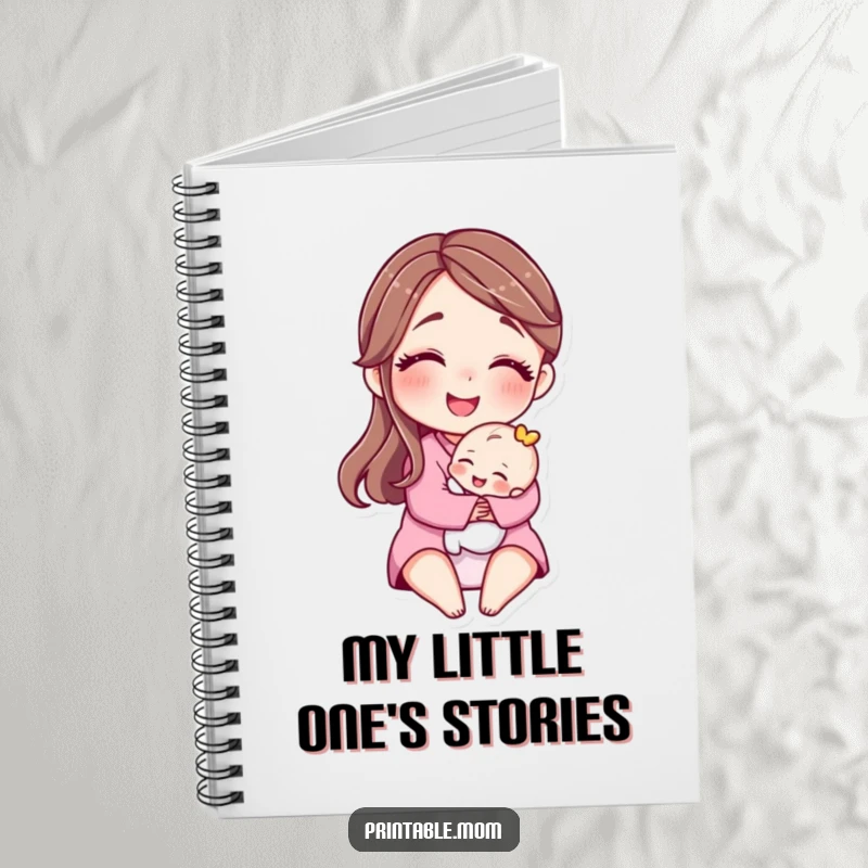 Funny notebook with a motherly character smiling and hugging a tiny baby, perfect for jotting down thoughts with love.