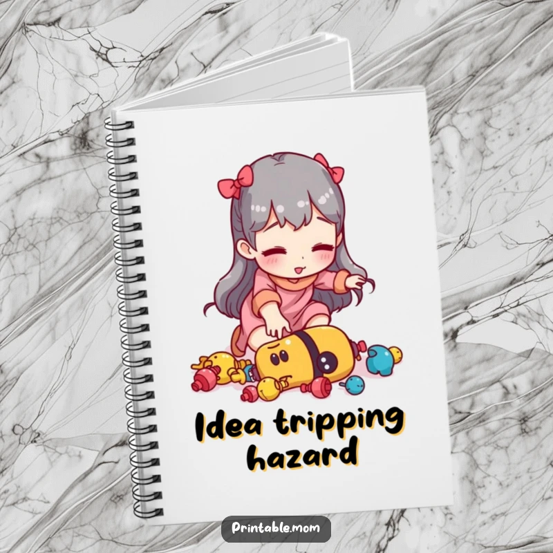 Funny mom notebook with a design of a woman tripping over scattered toys, ideal for journaling life's adventures.