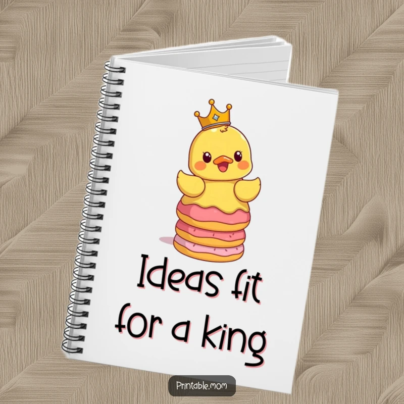 Funny notebook cover showing a surprised rubber ducky wearing a crown, balancing a stack of donuts, perfect for students and journalers.