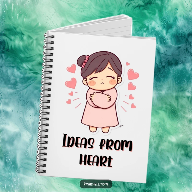 Funny Mom Notebook with a mom's hug and radiating hearts, great for notes and lists, a cute and funny gift for moms.
