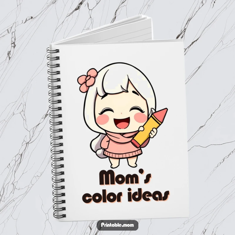 Funny mom notebook featuring a cheerful character giggling while holding a colorful crayon, designed for jotting down art ideas.