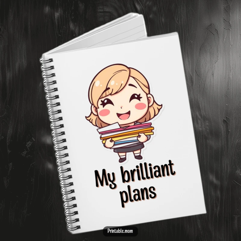 Funny cheerful mom character holding colorful papers, on the cover of a lined notebook.