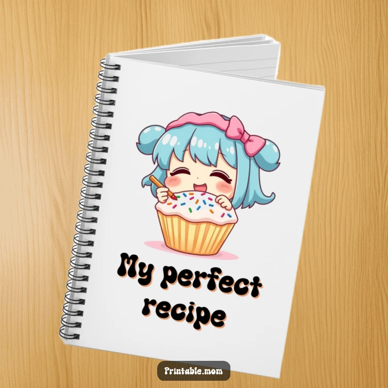 Funny Notebook: Character giggling while decorating a cupcake with sprinkles, ideal for recipes and creative notes.