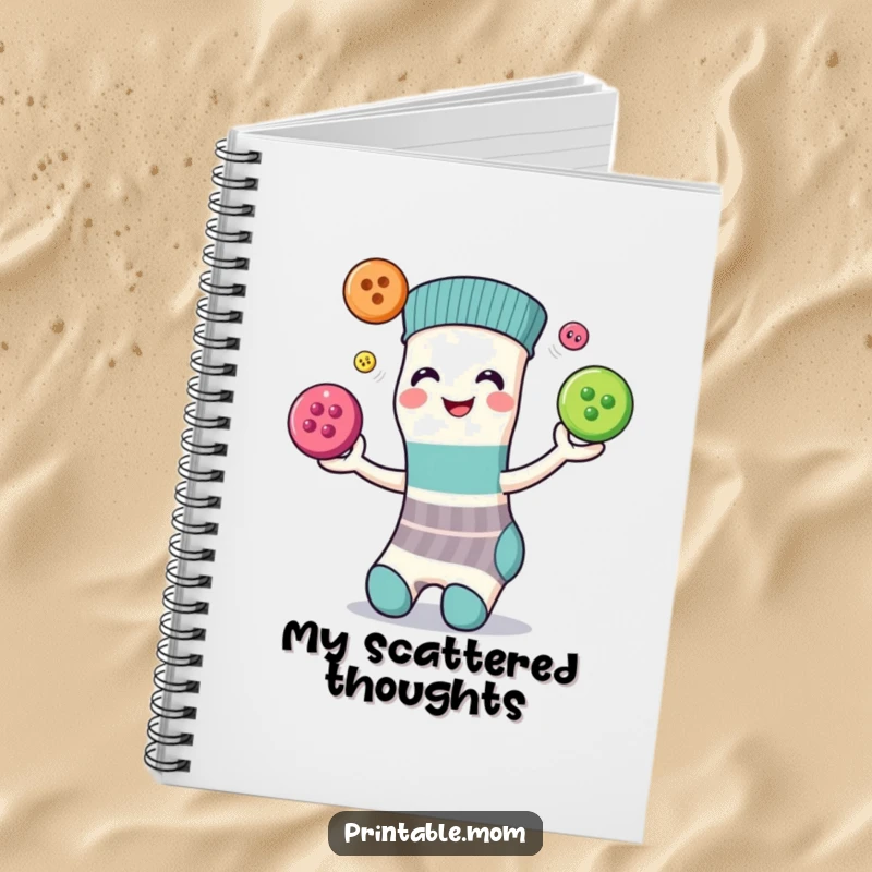 Funny notebook cover showing a smiling sock juggling three colorful buttons, ideal for students and journalers who love fun.