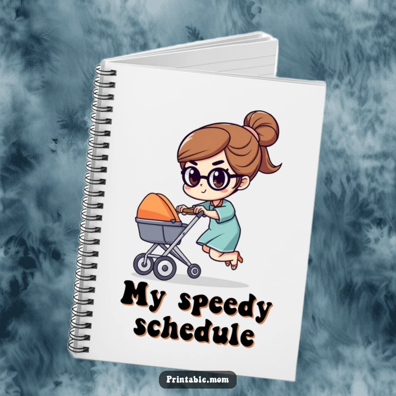 Funny notebook with a determined mom character racing a tiny stroller with a focused expression, ideal for jotting down plans with humor.