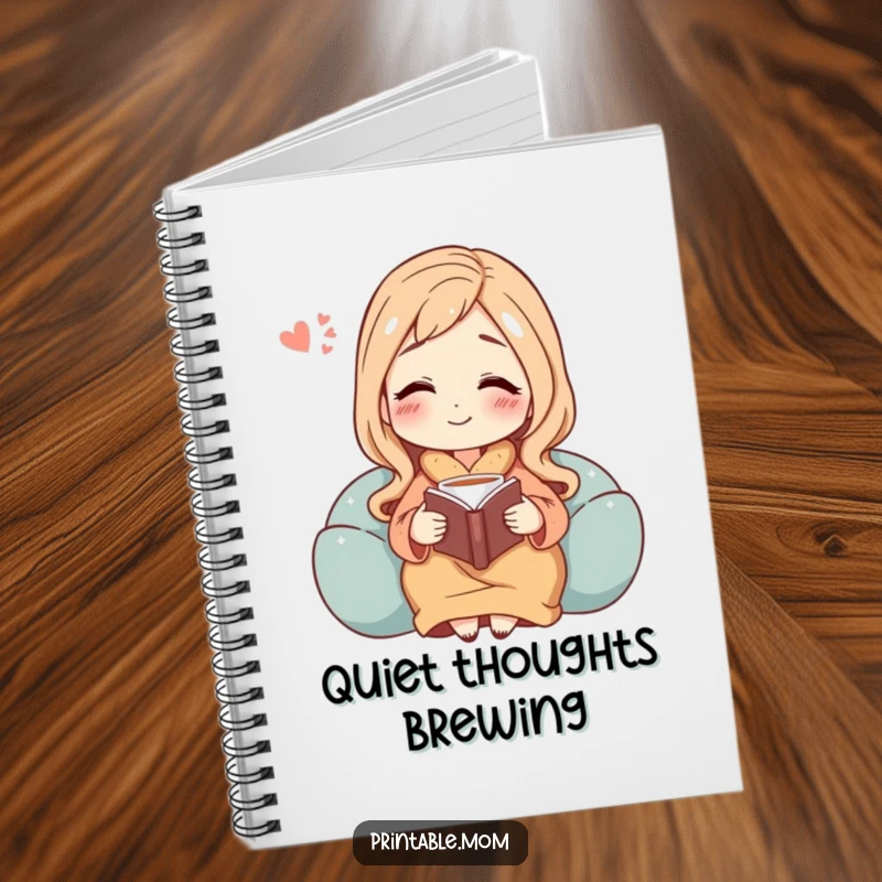 Funny notebook cover illustration of a mom character peacefully enjoying a book and tea, exhaling a happy, contented sigh.