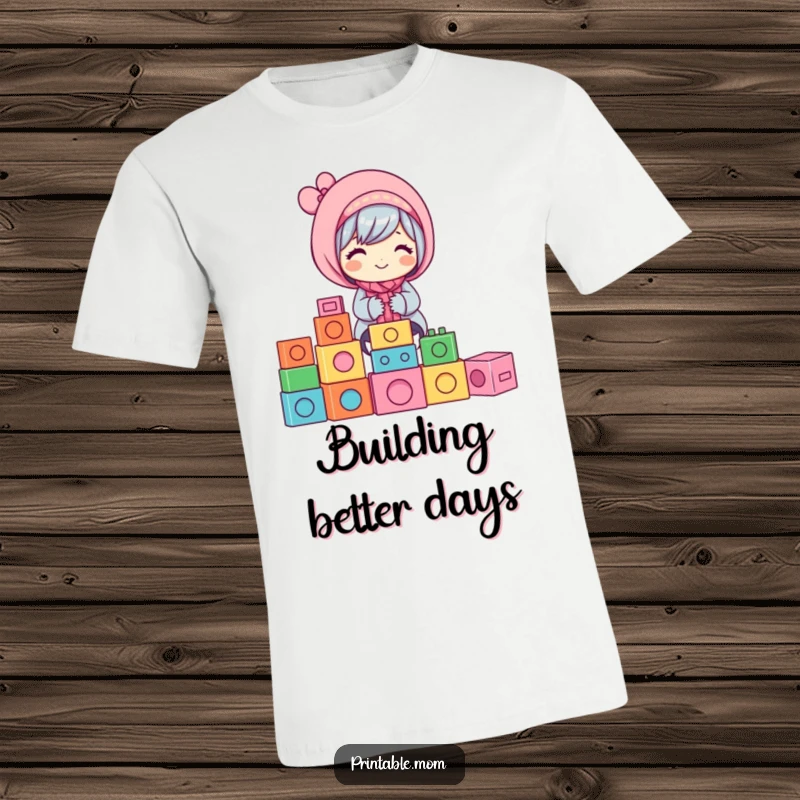 Funny Mom T-Shirt: Depicts a happy mom character stacking colorful building blocks, a fun and funny gift.