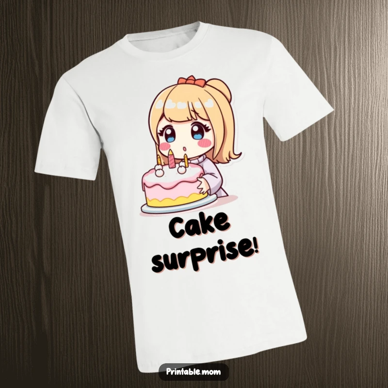 Funny t-shirt depicting a surprised mom character holding a beautifully decorated cake, capturing a moment of culinary triumph.