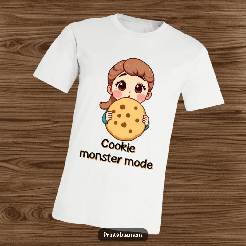Funny mom t-shirt featuring a surprised mom character with a massive cookie, perfect for humor and baking enthusiasts.