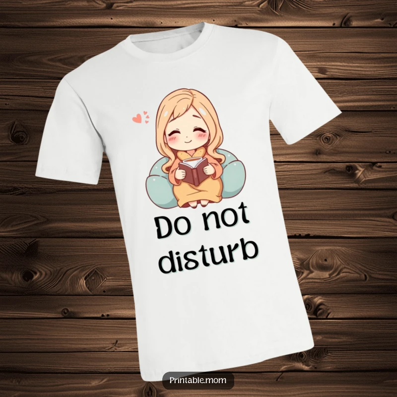 Funny t-shirt illustration of a blissful mom character deep in relaxation, holding a book and a steaming cup of tea, sighing happily.
