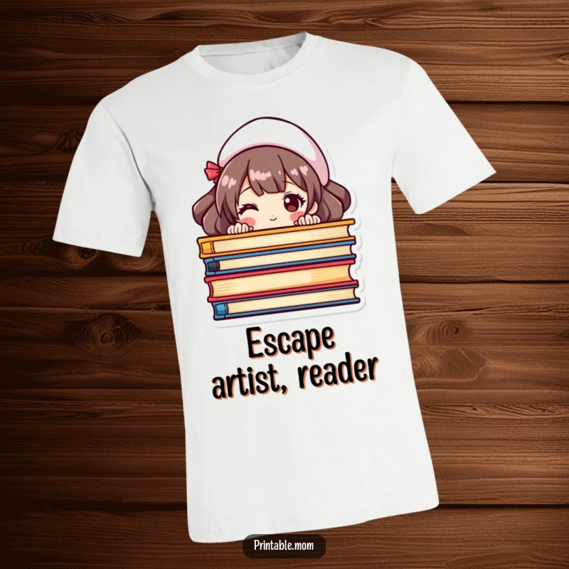 Funny t-shirt featuring a mom peeking from behind a vibrant stack of books, expressing her love for reading.