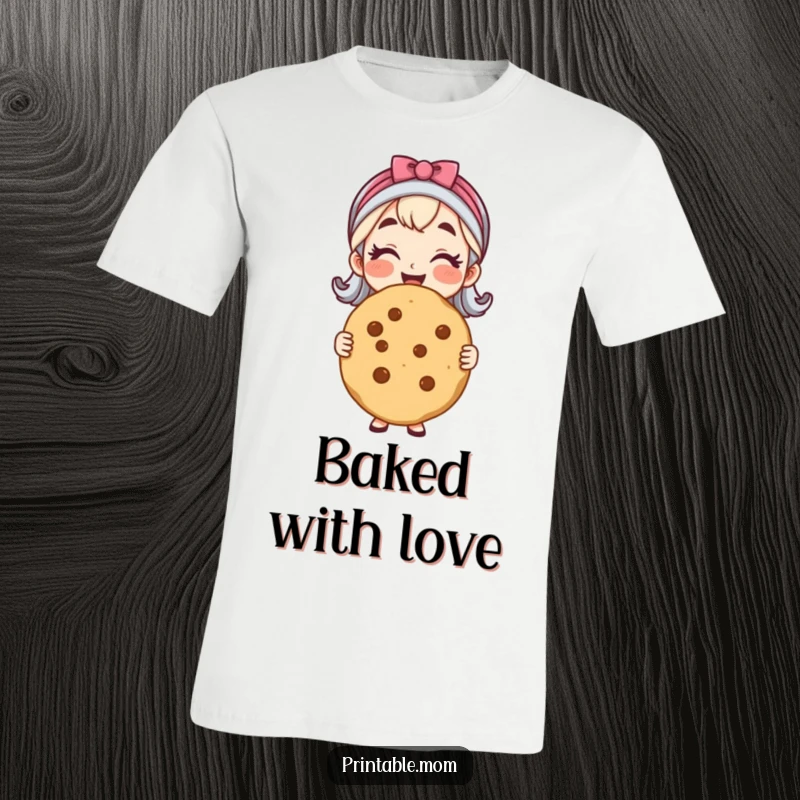 Funny t-shirt with a cheerful mom character holding an enormous, flawless cookie, embodying baking joy and pride.