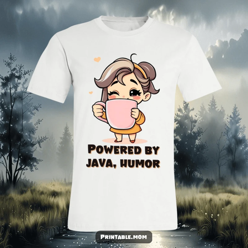 Funny t-shirt featuring a smiling mom holding a comically large coffee mug, expressing her dedication to coffee.