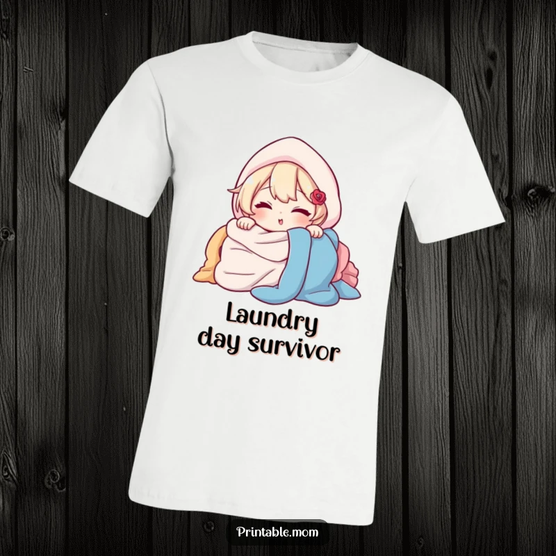 Funny T-Shirt: Character peeking out from behind a pile of laundry with a wink, a humorous and cheeky laundry day shirt.