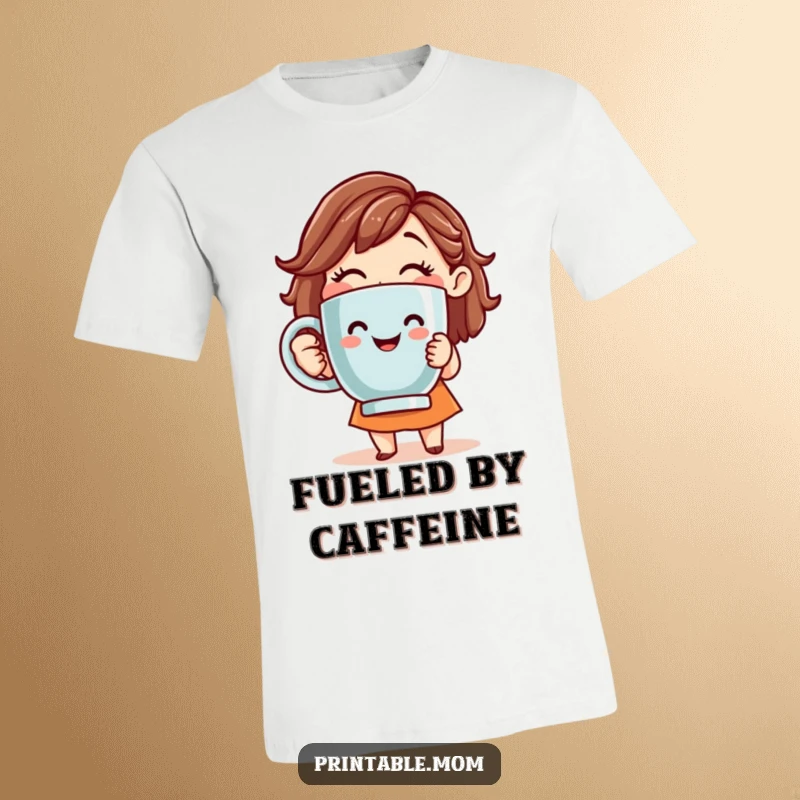 Funny t-shirt of a smiling mom holding a giant coffee mug, embodying morning motivation.