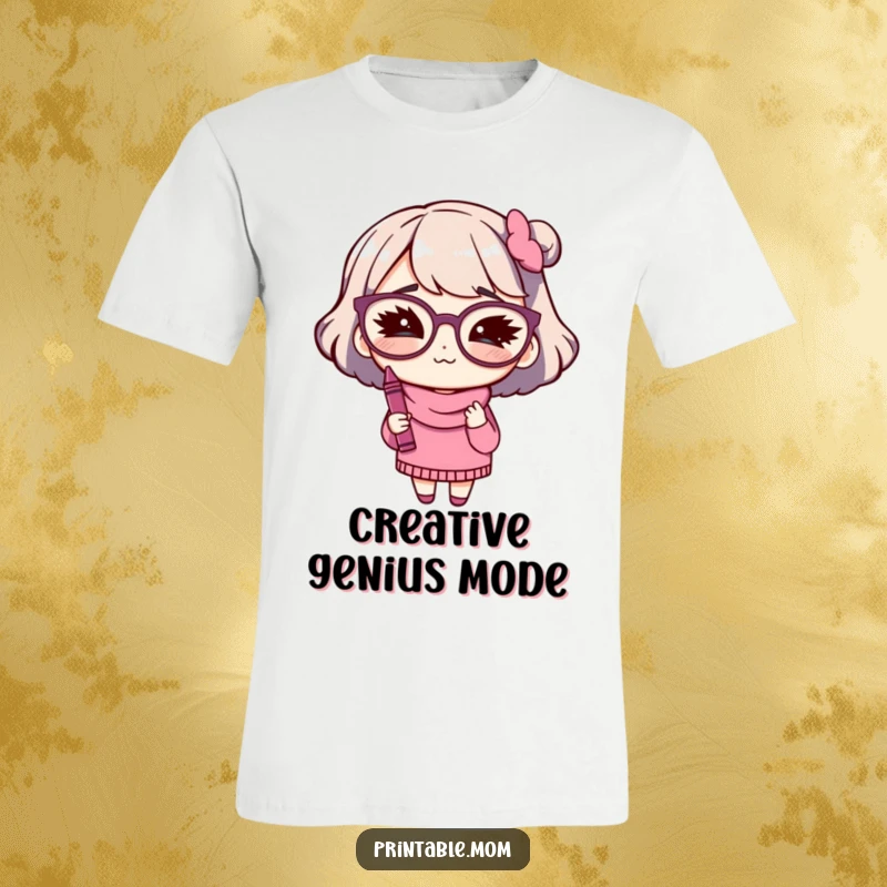 Funny t-shirt of a mom with big glasses winking while holding a crayon, suggesting creativity.