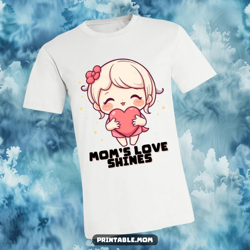 Funny t-shirt featuring a loving mom character with an open heart glowing with tiny sparkles, representing maternal affection.