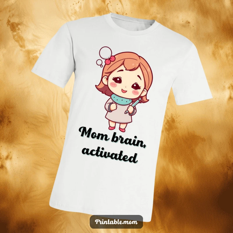 Funny mom t-shirt with a sparkling thought bubble and pen, showcasing a moment of inspiration and mom humor.