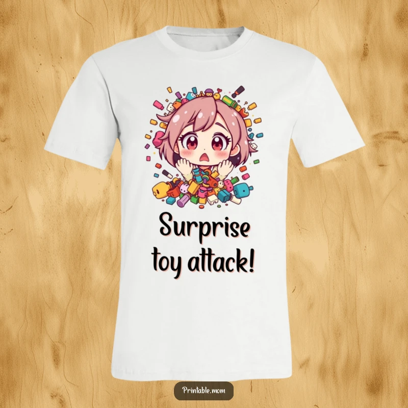 Funny t-shirt graphic of a mom character with wide, surprised eyes witnessing a joyous explosion of toys scattering everywhere.