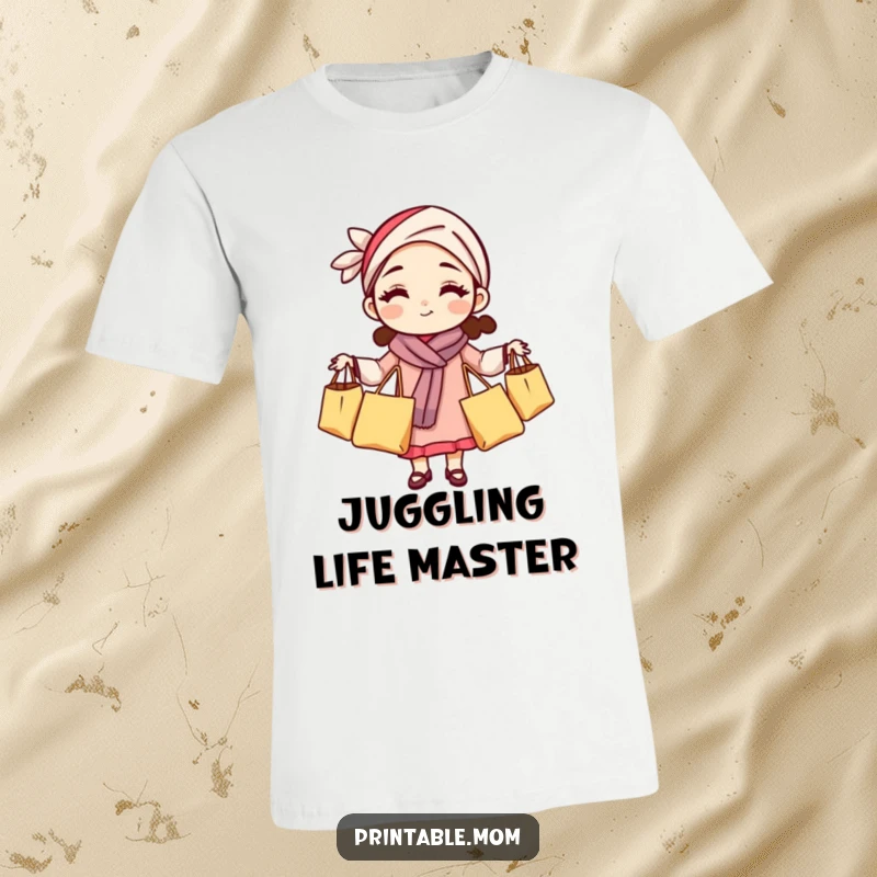 Funny mom t-shirt showing a woman in a headband juggling grocery bags, representing her busy lifestyle.
