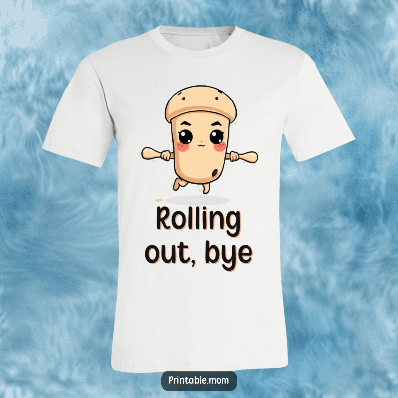 Funny runaway rolling pin with a fierce, determined expression, symbolizing unstoppable baking power on a t-shirt