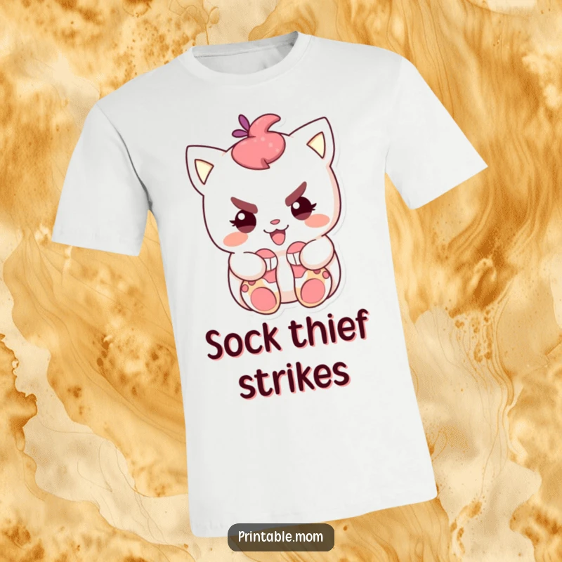 Funny t-shirt with a mischievous character grinning slyly while concealing small socks, perfect for those who love playful chaos.