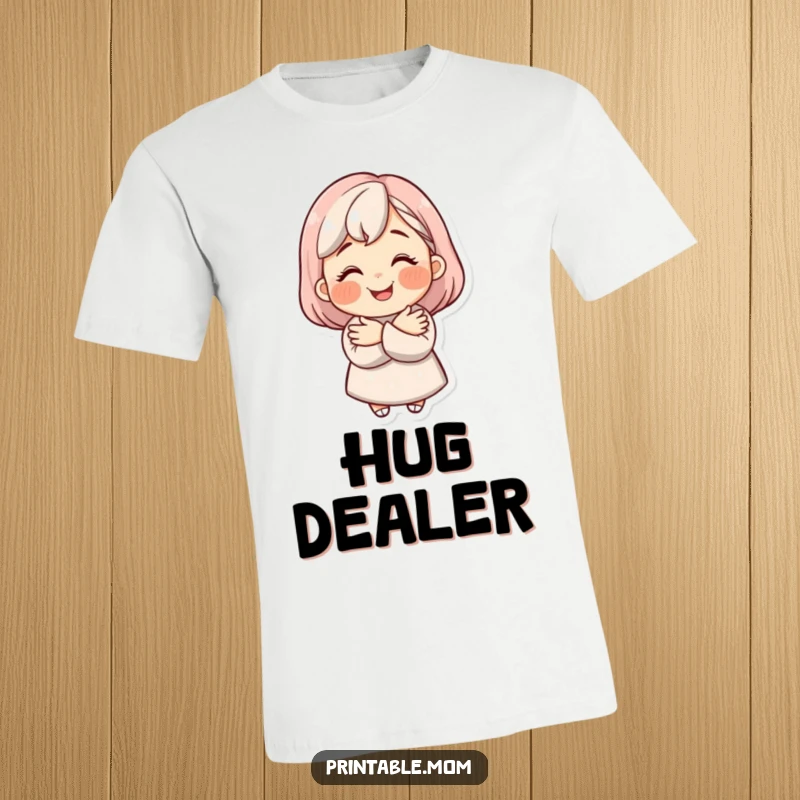 A funny mom character with a radiant smile gives a warm, loving hug on this heartfelt t-shirt.